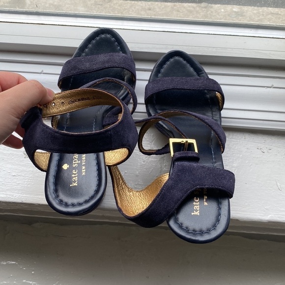 Kate Spade navy suede, gold and black leather wedges, size 6.5 - Picture 6 of 8